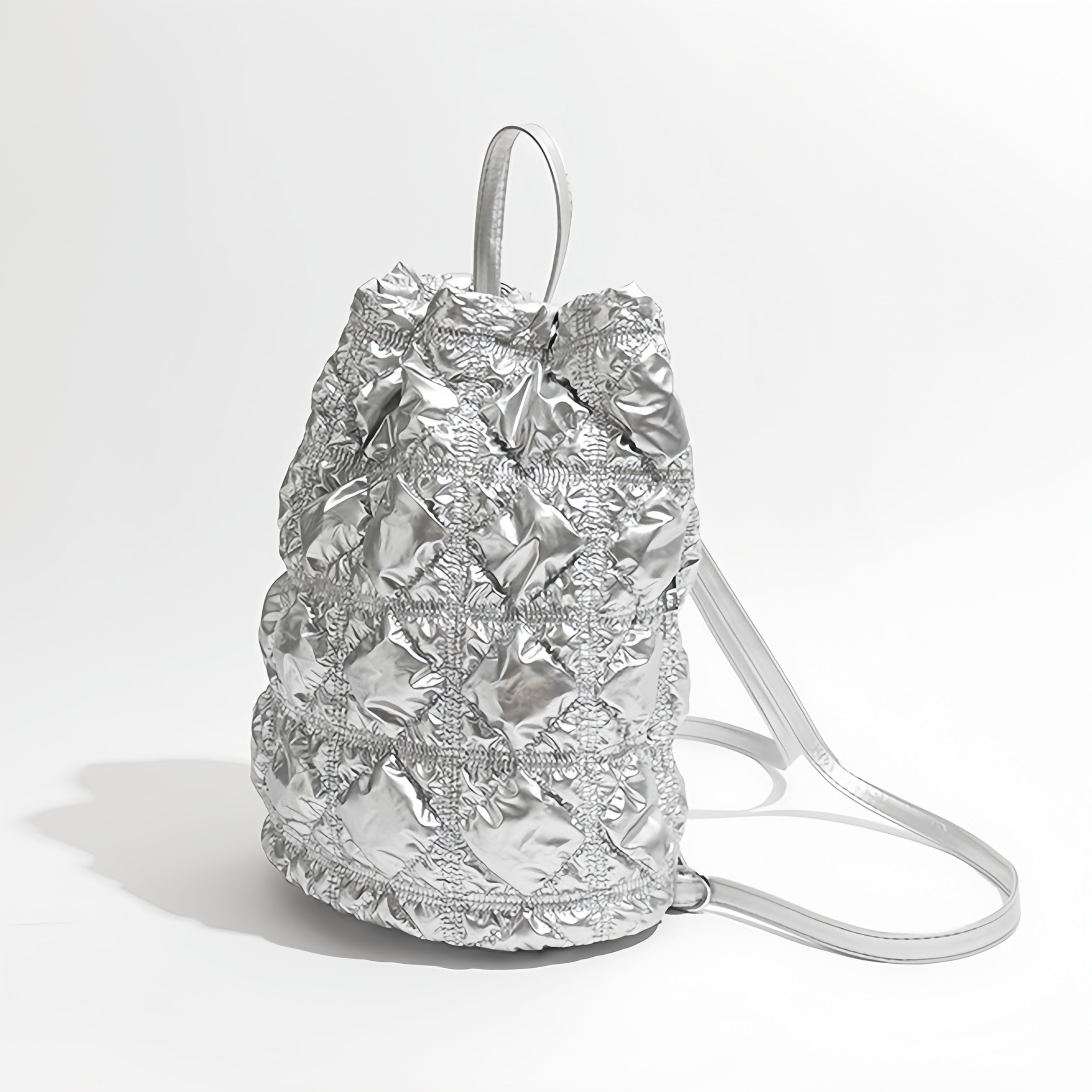 Quilted Puff Backpack – Lightweight Drawstring Bag in Black, White & Silver | Fashion Padded Travel Backpack