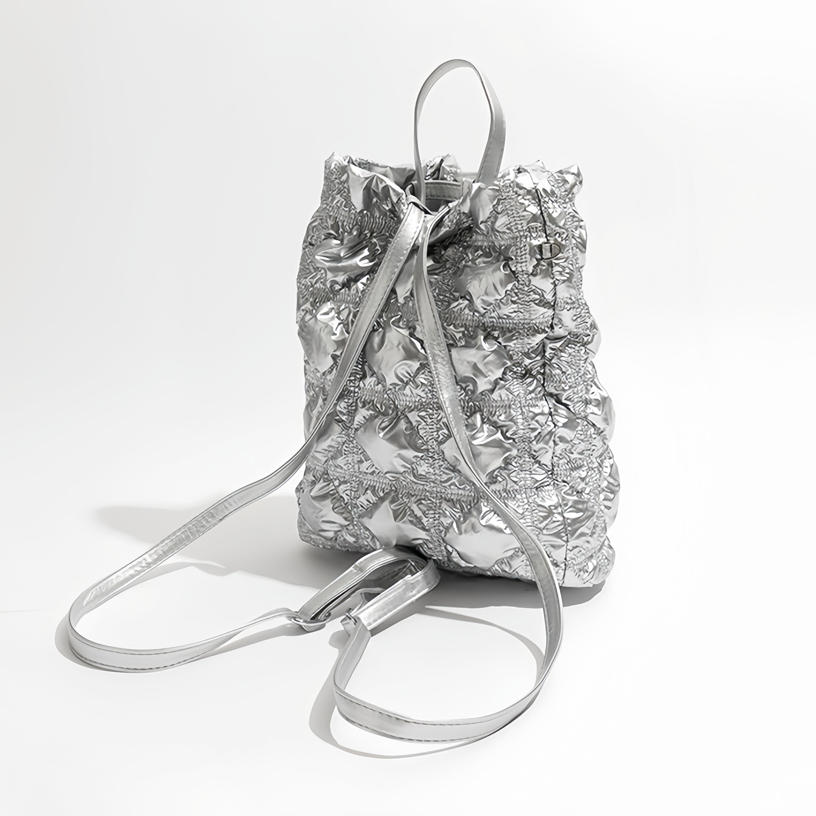 Quilted Puff Backpack – Lightweight Drawstring Bag in Black, White & Silver | Fashion Padded Travel Backpack