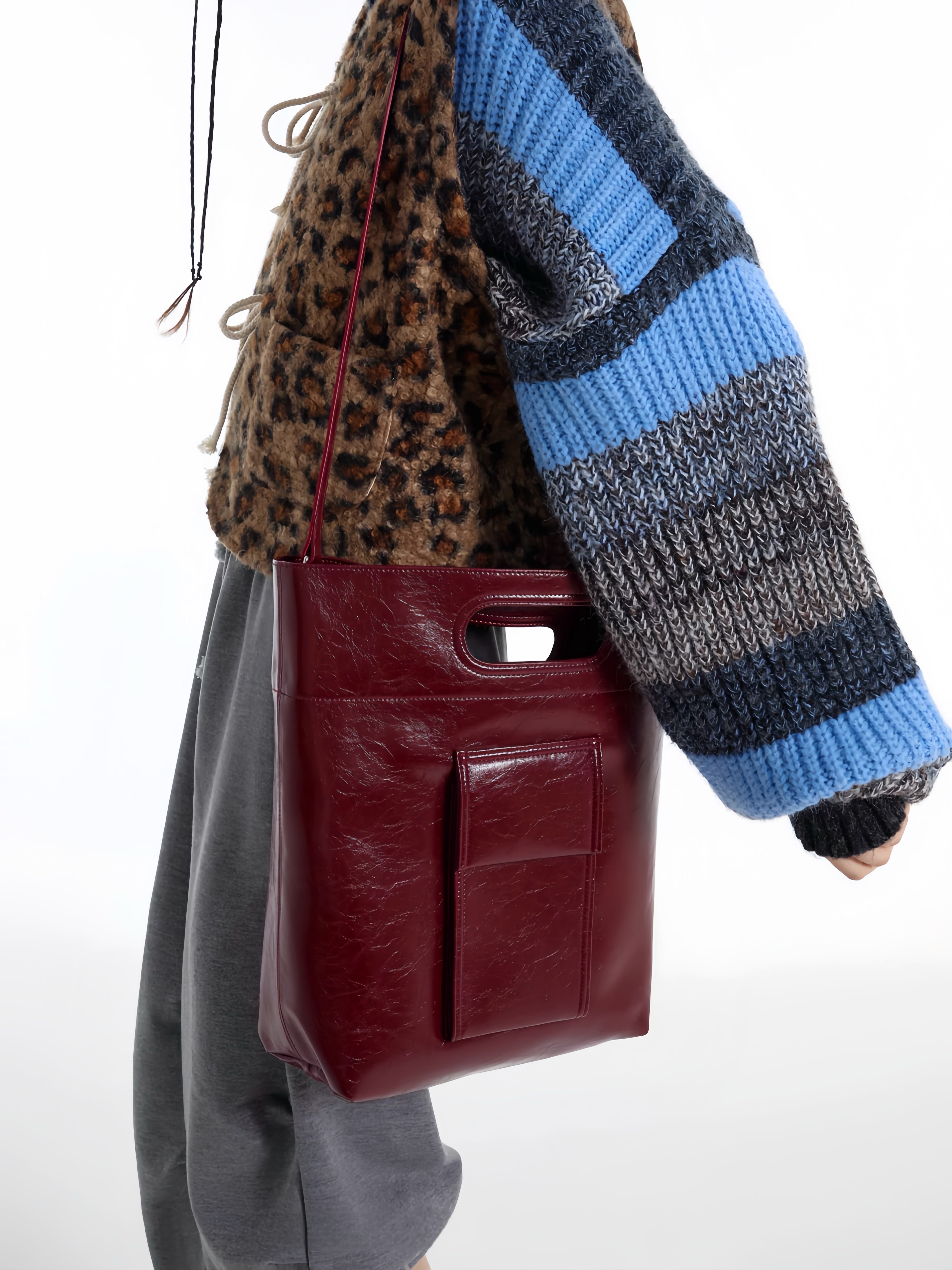 Burgundy Structured Leather Tote – Convertible Crossbody Shoulder Bag with Cutout Handle | Minimalist City Bag