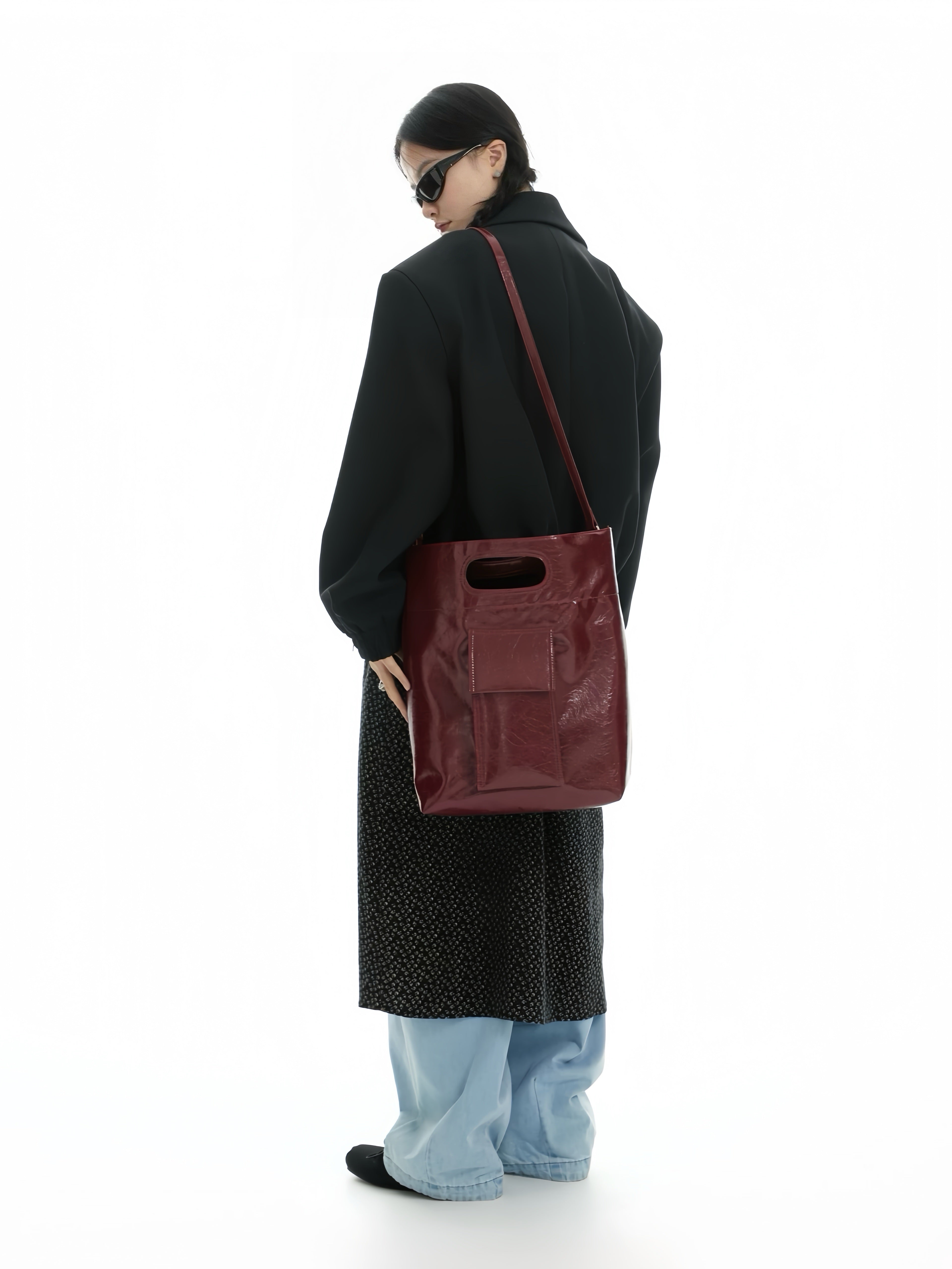 Burgundy Structured Leather Tote – Convertible Crossbody Shoulder Bag with Cutout Handle | Minimalist City Bag