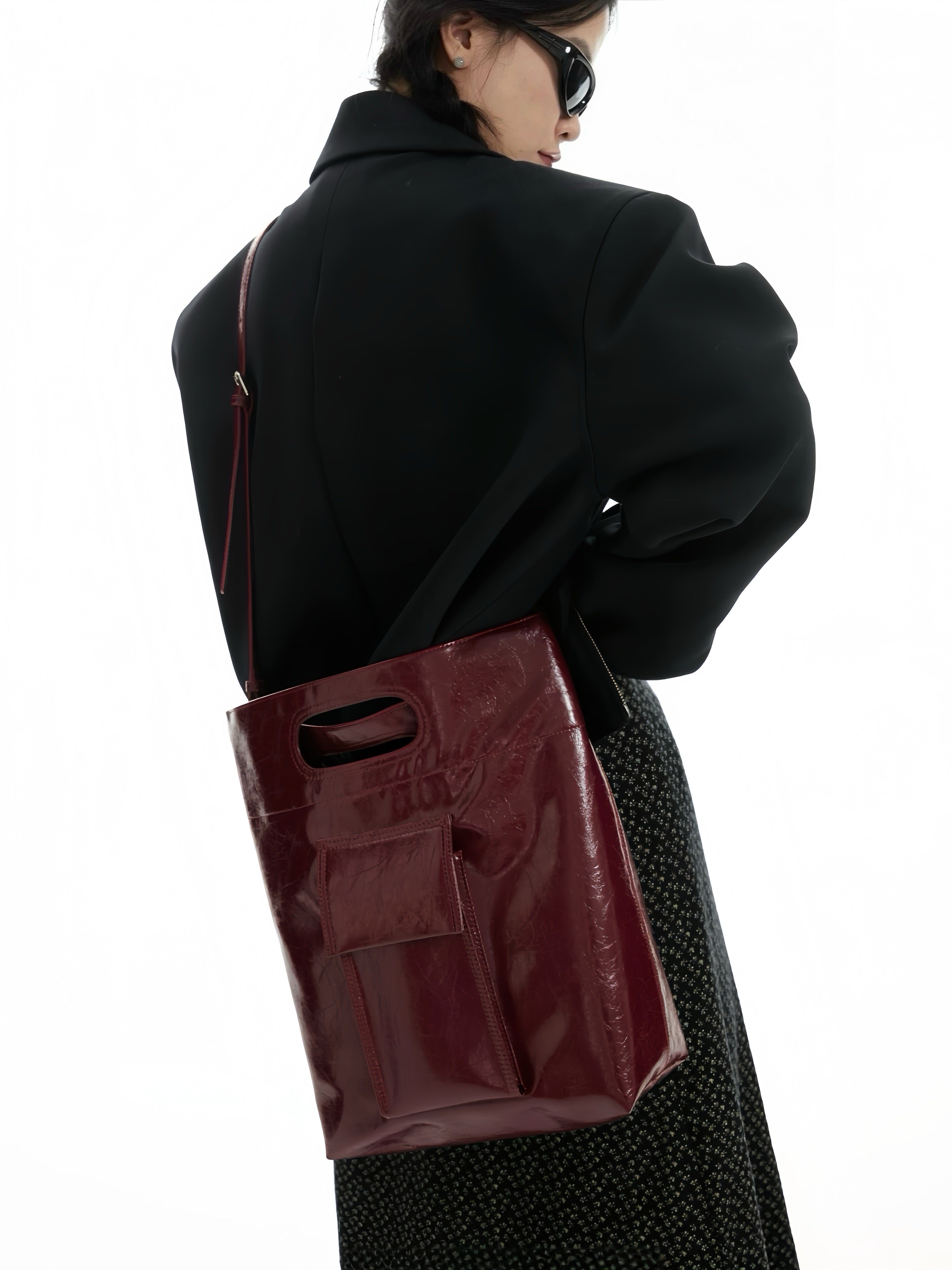 Burgundy Structured Leather Tote – Convertible Crossbody Shoulder Bag with Cutout Handle | Minimalist City Bag