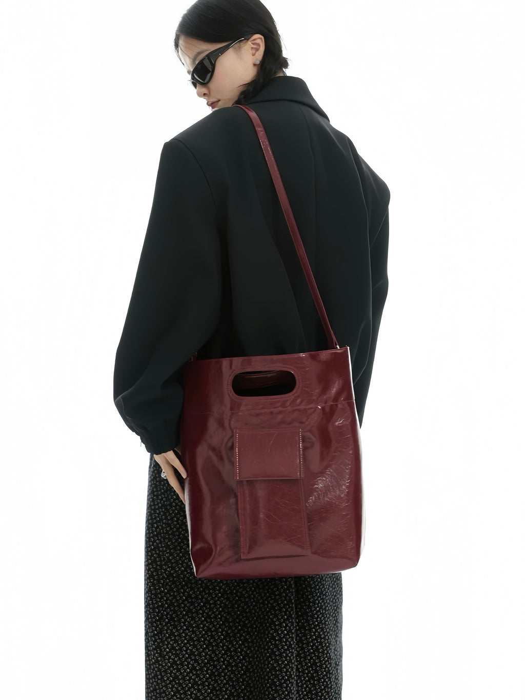 Burgundy Structured Leather Tote – Convertible Crossbody Shoulder Bag with Cutout Handle | Minimalist City Bag