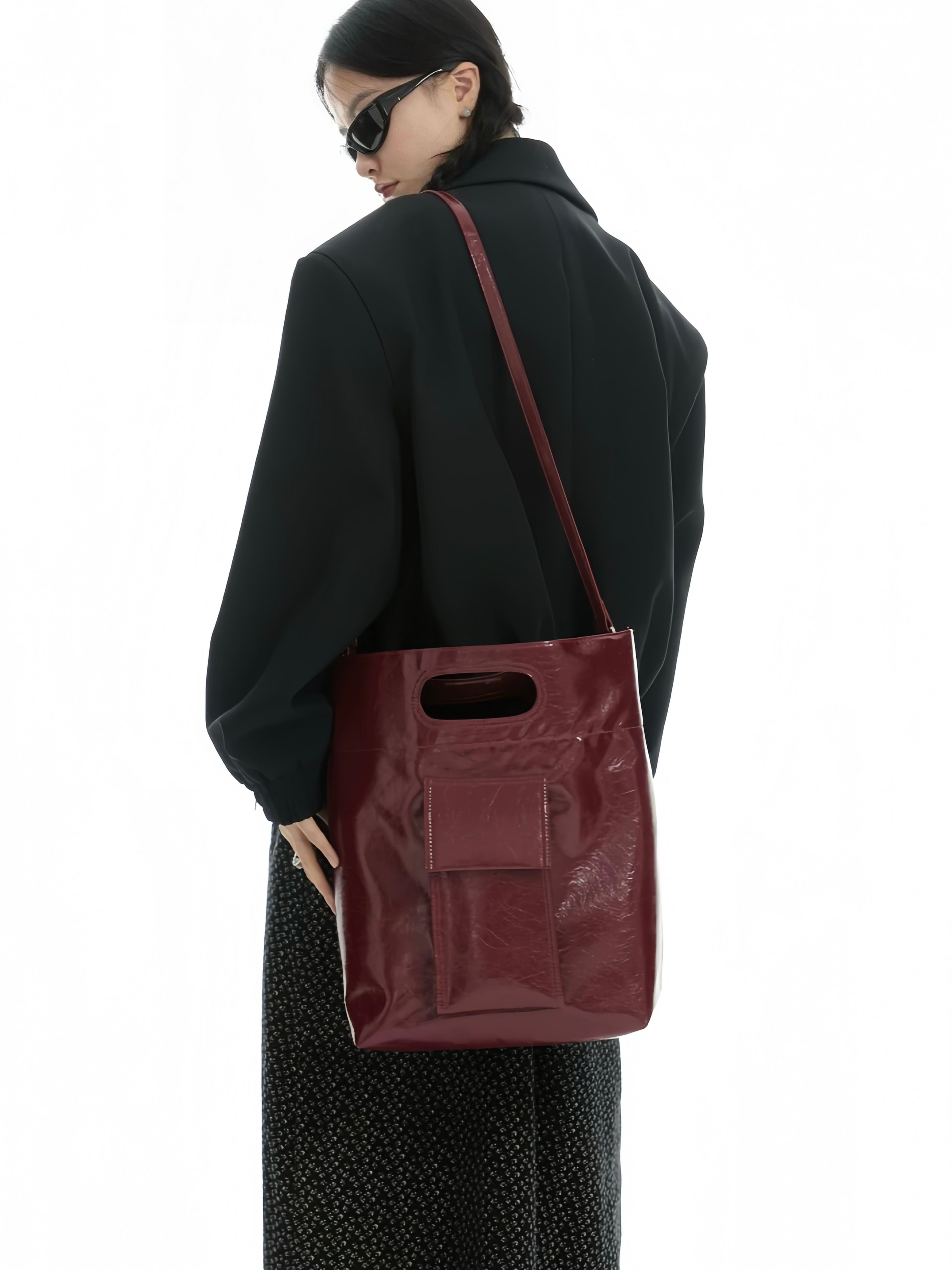 Burgundy Structured Leather Tote – Convertible Crossbody Shoulder Bag with Cutout Handle | Minimalist City Bag