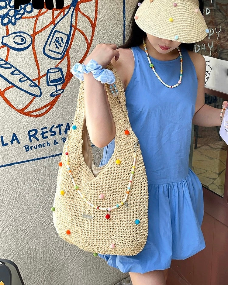 Beaded Straw Tote Bag – Colorful Pom Pom Shoulder Bag in Beige & Brown | Boho Summer Woven Shopper