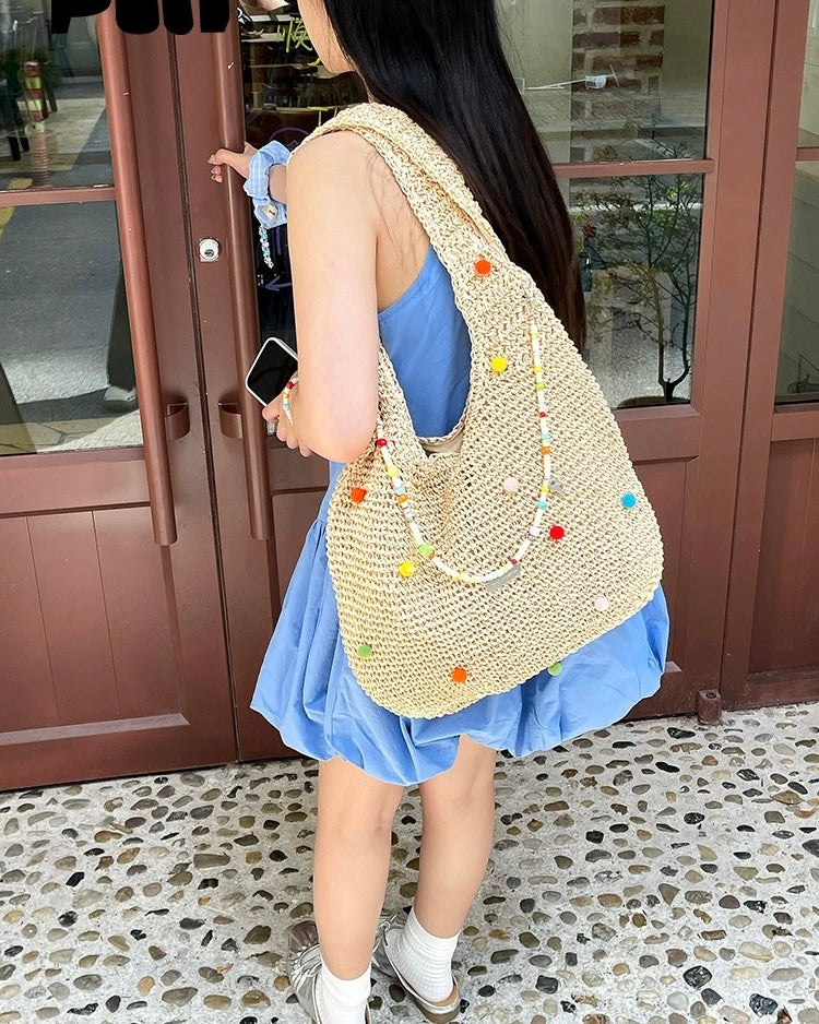 Beaded Straw Tote Bag – Colorful Pom Pom Shoulder Bag in Beige & Brown | Boho Summer Woven Shopper