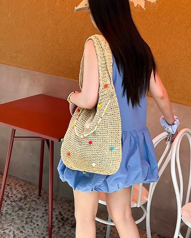 Beaded Straw Tote Bag – Colorful Pom Pom Shoulder Bag in Beige & Brown | Boho Summer Woven Shopper