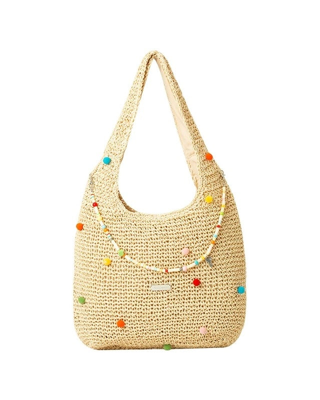 Beaded Straw Tote Bag – Colorful Pom Pom Shoulder Bag in Beige & Brown | Boho Summer Woven Shopper