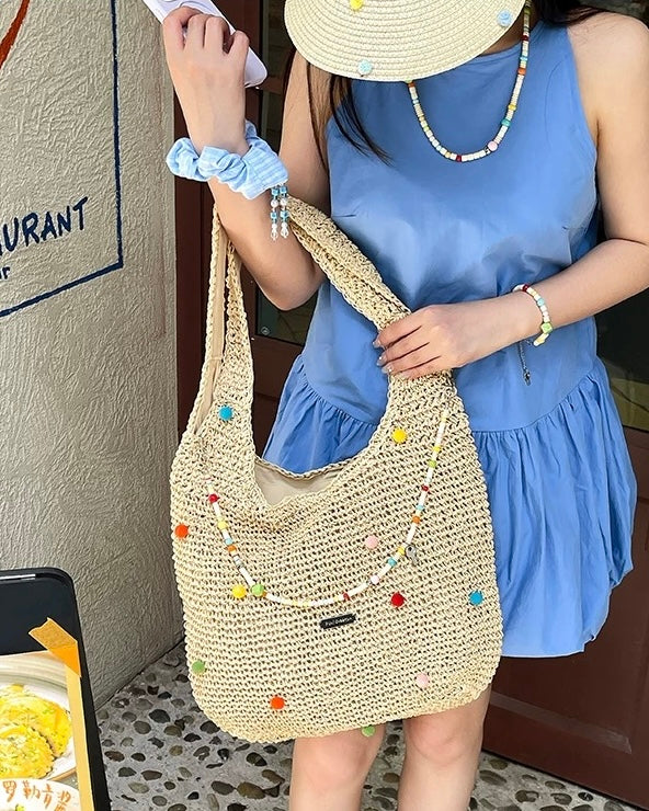 Beaded Straw Tote Bag – Colorful Pom Pom Shoulder Bag in Beige & Brown | Boho Summer Woven Shopper
