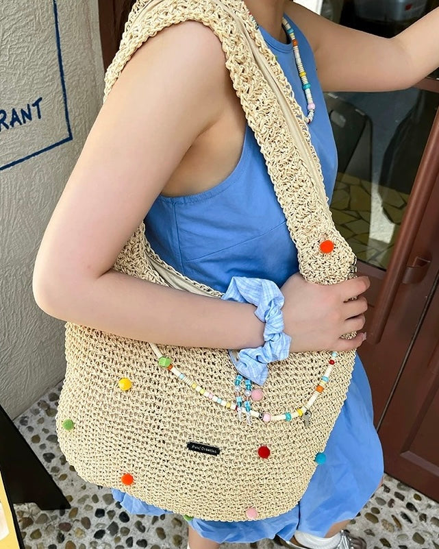 Beaded Straw Tote Bag – Colorful Pom Pom Shoulder Bag in Beige & Brown | Boho Summer Woven Shopper