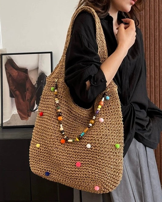 Beaded Straw Tote Bag – Colorful Pom Pom Shoulder Bag in Beige & Brown | Boho Summer Woven Shopper