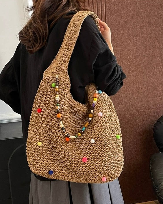 Beaded Straw Tote Bag – Colorful Pom Pom Shoulder Bag in Beige & Brown | Boho Summer Woven Shopper