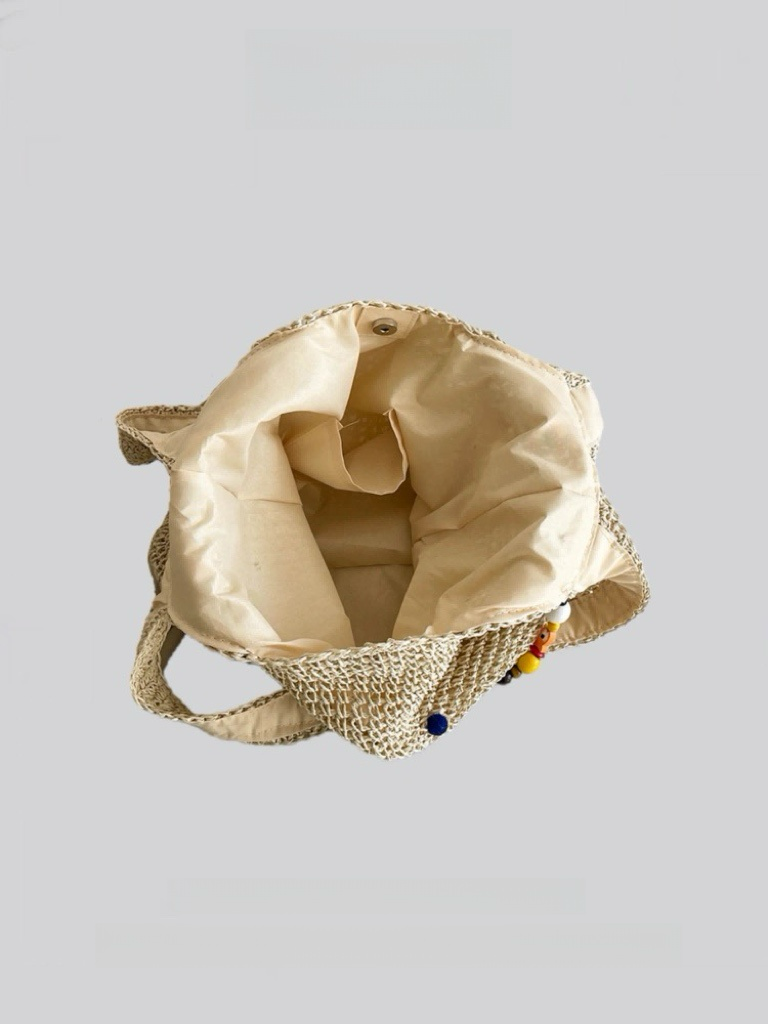 Beaded Straw Tote Bag – Colorful Pom Pom Shoulder Bag in Beige & Brown | Boho Summer Woven Shopper