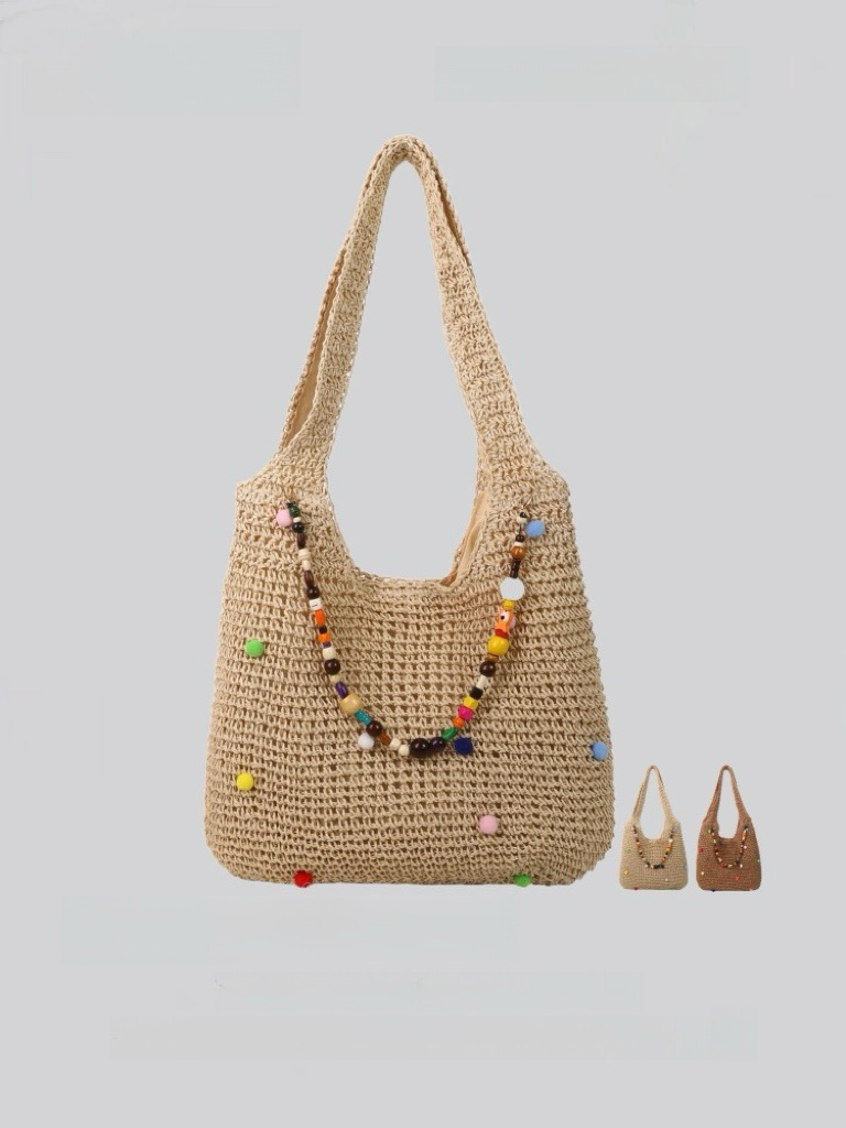 Beaded Straw Tote Bag – Colorful Pom Pom Shoulder Bag in Beige & Brown | Boho Summer Woven Shopper