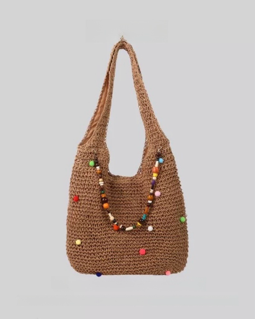 Beaded Straw Tote Bag – Colorful Pom Pom Shoulder Bag in Beige & Brown | Boho Summer Woven Shopper