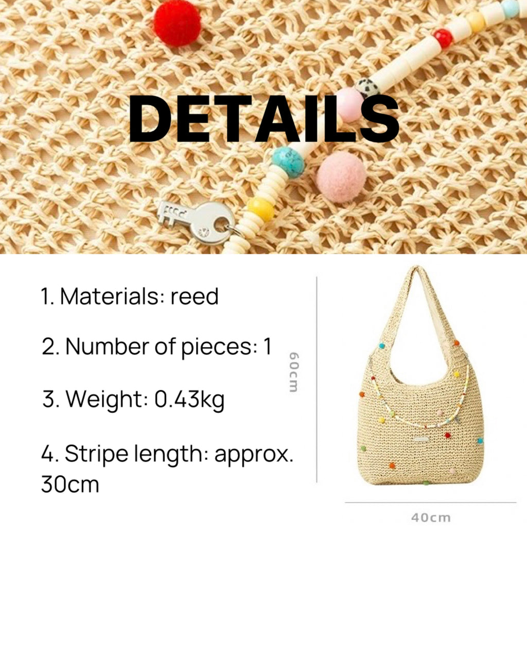 Beaded Straw Tote Bag – Colorful Pom Pom Shoulder Bag in Beige & Brown | Boho Summer Woven Shopper