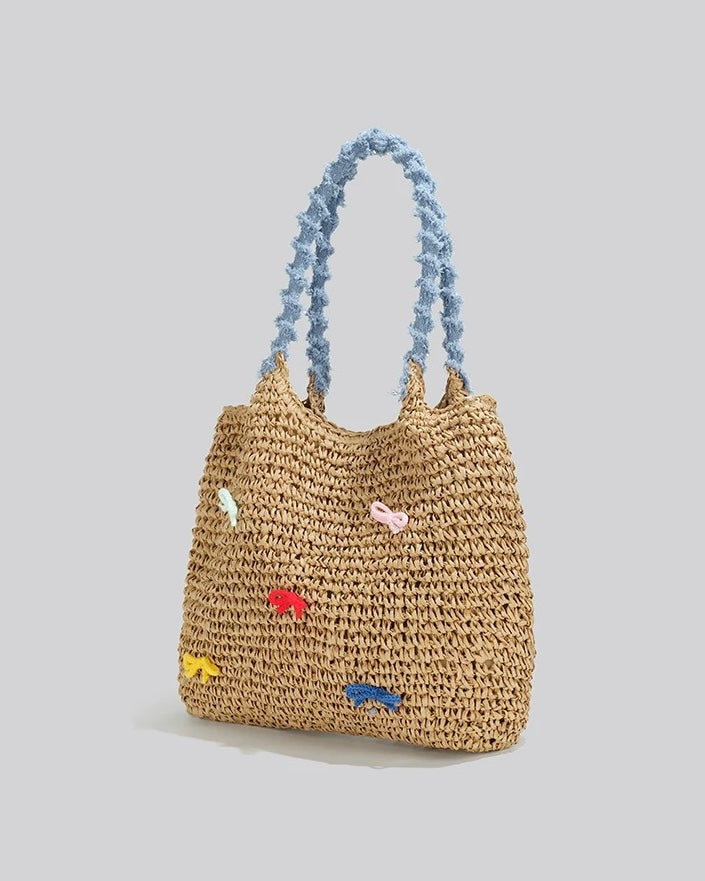 Pastel Bow Woven Straw Tote – Summer Shoulder Bag with Blue Textured Handle | Cute Beach Bag with Colorful Embroidery