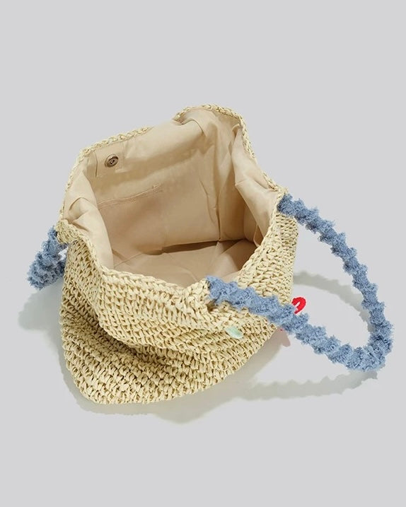 Pastel Bow Woven Straw Tote – Summer Shoulder Bag with Blue Textured Handle | Cute Beach Bag with Colorful Embroidery