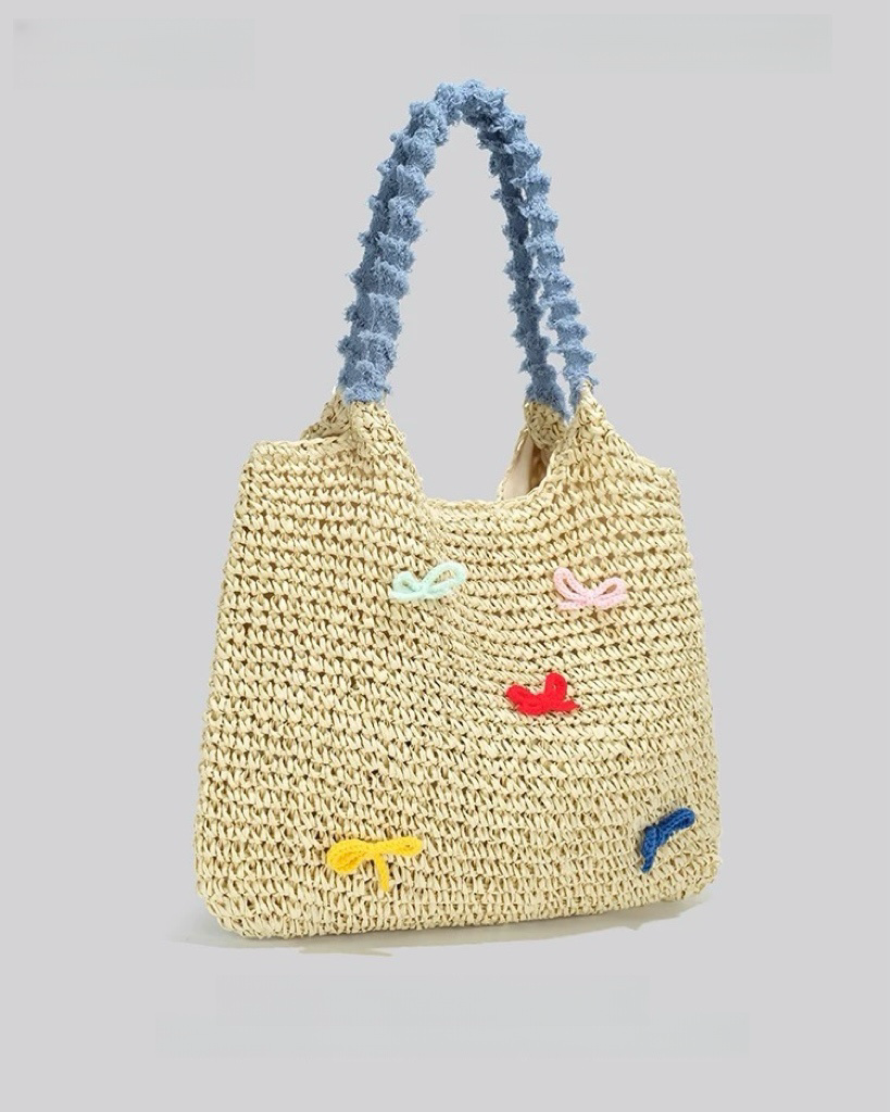 Pastel Bow Woven Straw Tote – Summer Shoulder Bag with Blue Textured Handle | Cute Beach Bag with Colorful Embroidery