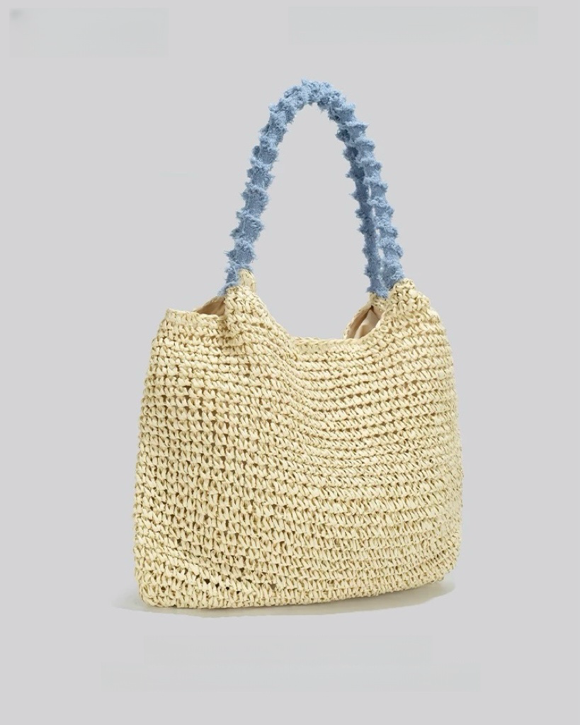 Pastel Bow Woven Straw Tote – Summer Shoulder Bag with Blue Textured Handle | Cute Beach Bag with Colorful Embroidery