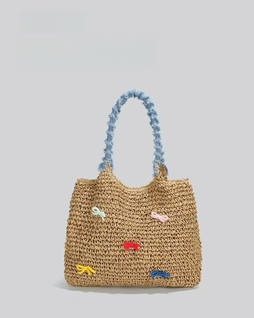 Pastel Bow Woven Straw Tote – Summer Shoulder Bag with Blue Textured Handle | Cute Beach Bag with Colorful Embroidery