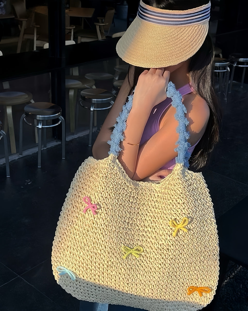 Pastel Bow Woven Straw Tote – Summer Shoulder Bag with Blue Textured Handle | Cute Beach Bag with Colorful Embroidery