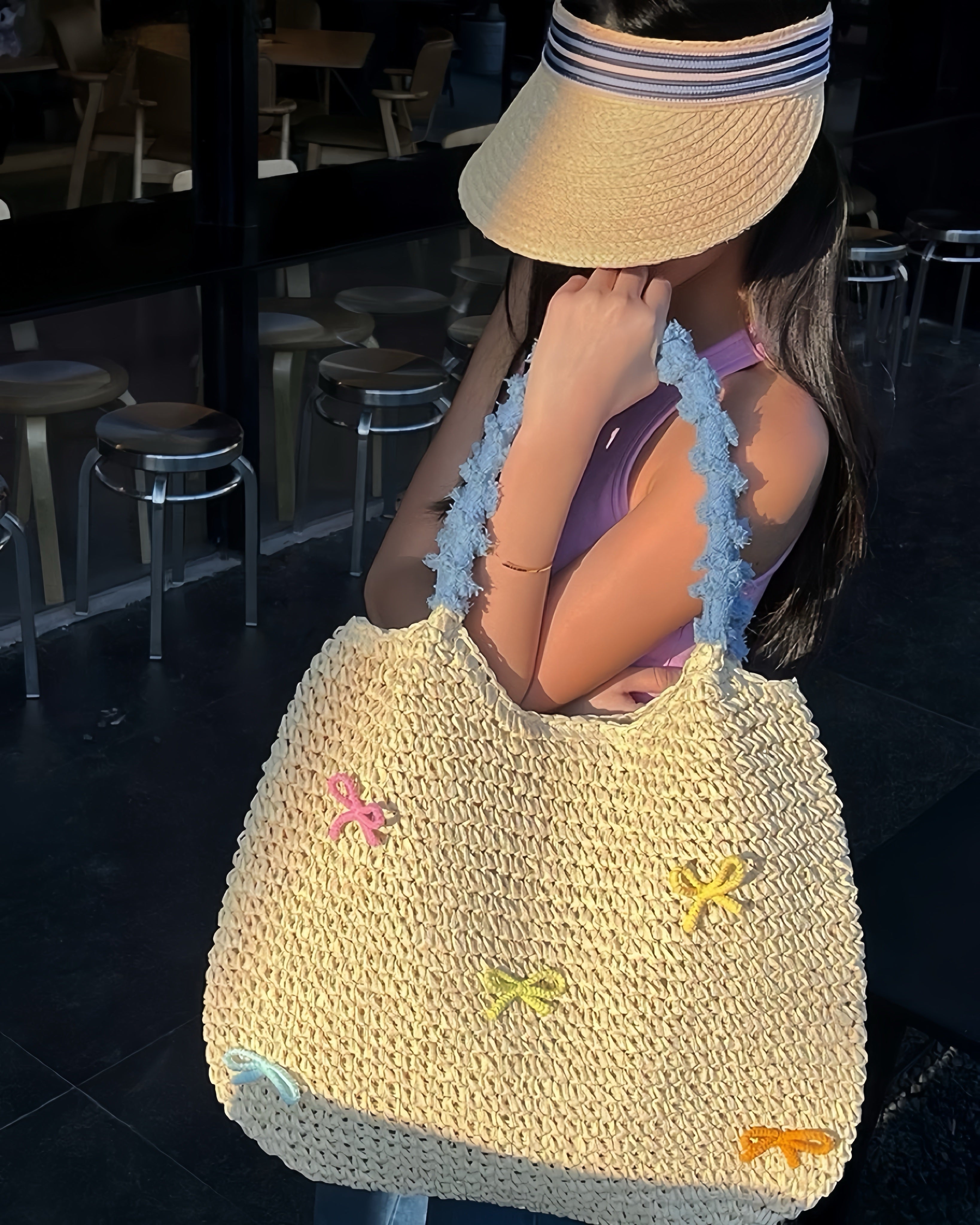 Pastel Bow Woven Straw Tote – Summer Shoulder Bag with Blue Textured Handle | Cute Beach Bag with Colorful Embroidery