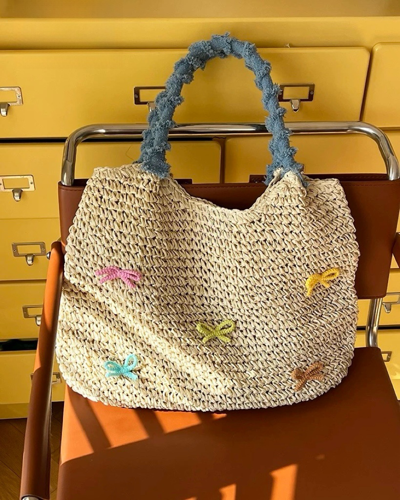 Pastel Bow Woven Straw Tote – Summer Shoulder Bag with Blue Textured Handle | Cute Beach Bag with Colorful Embroidery