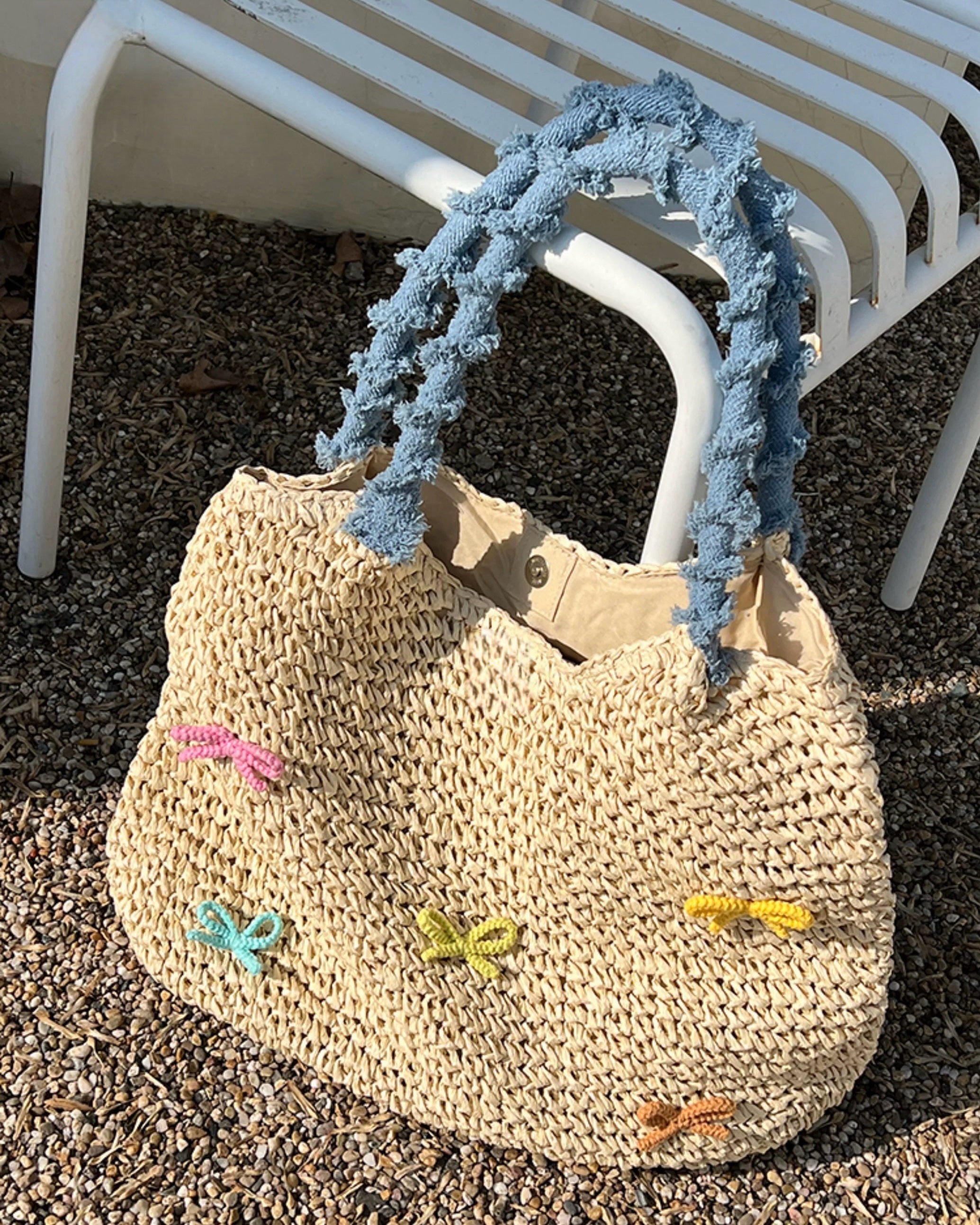 Pastel Bow Woven Straw Tote – Summer Shoulder Bag with Blue Textured Handle | Cute Beach Bag with Colorful Embroidery