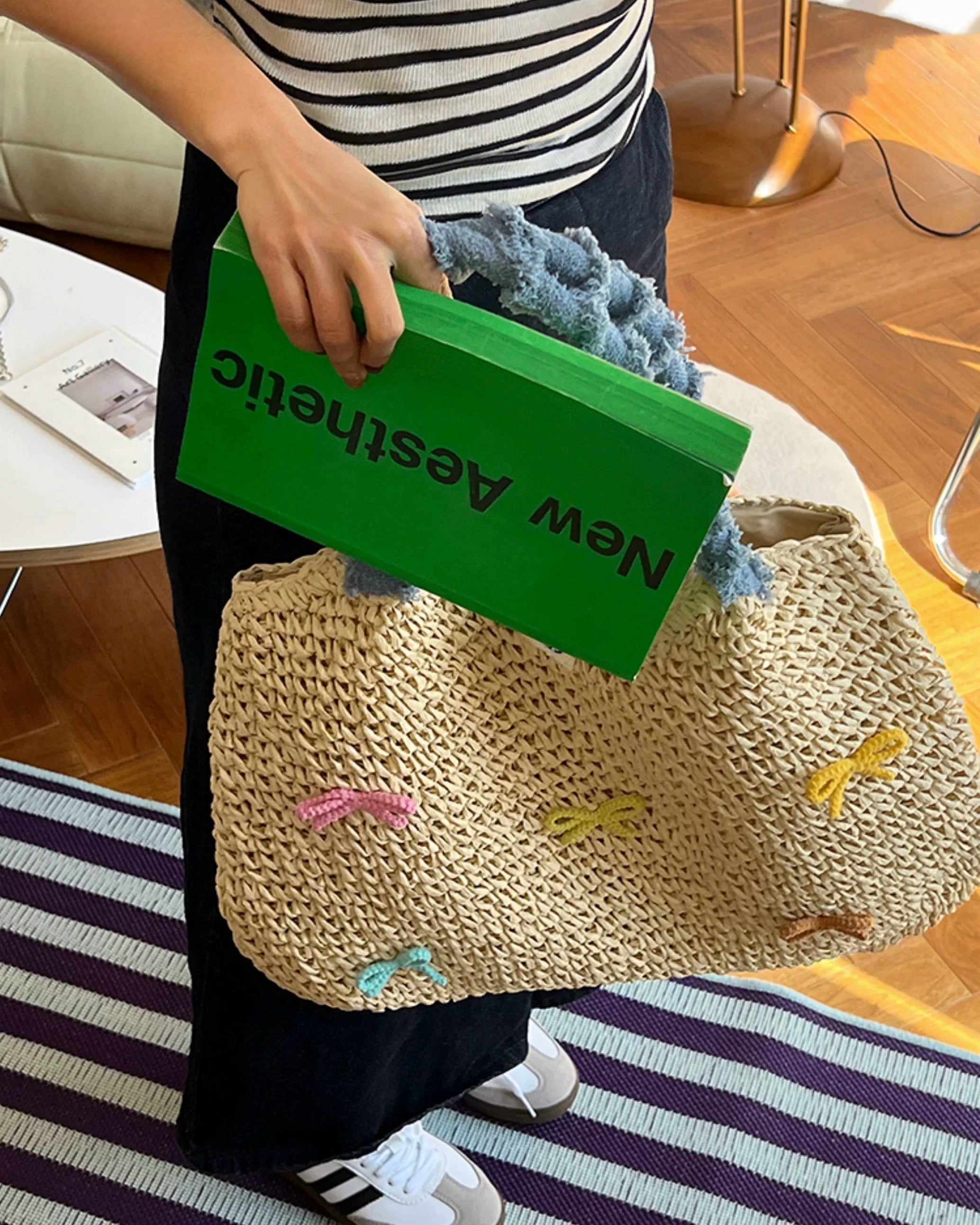 Pastel Bow Woven Straw Tote – Summer Shoulder Bag with Blue Textured Handle | Cute Beach Bag with Colorful Embroidery