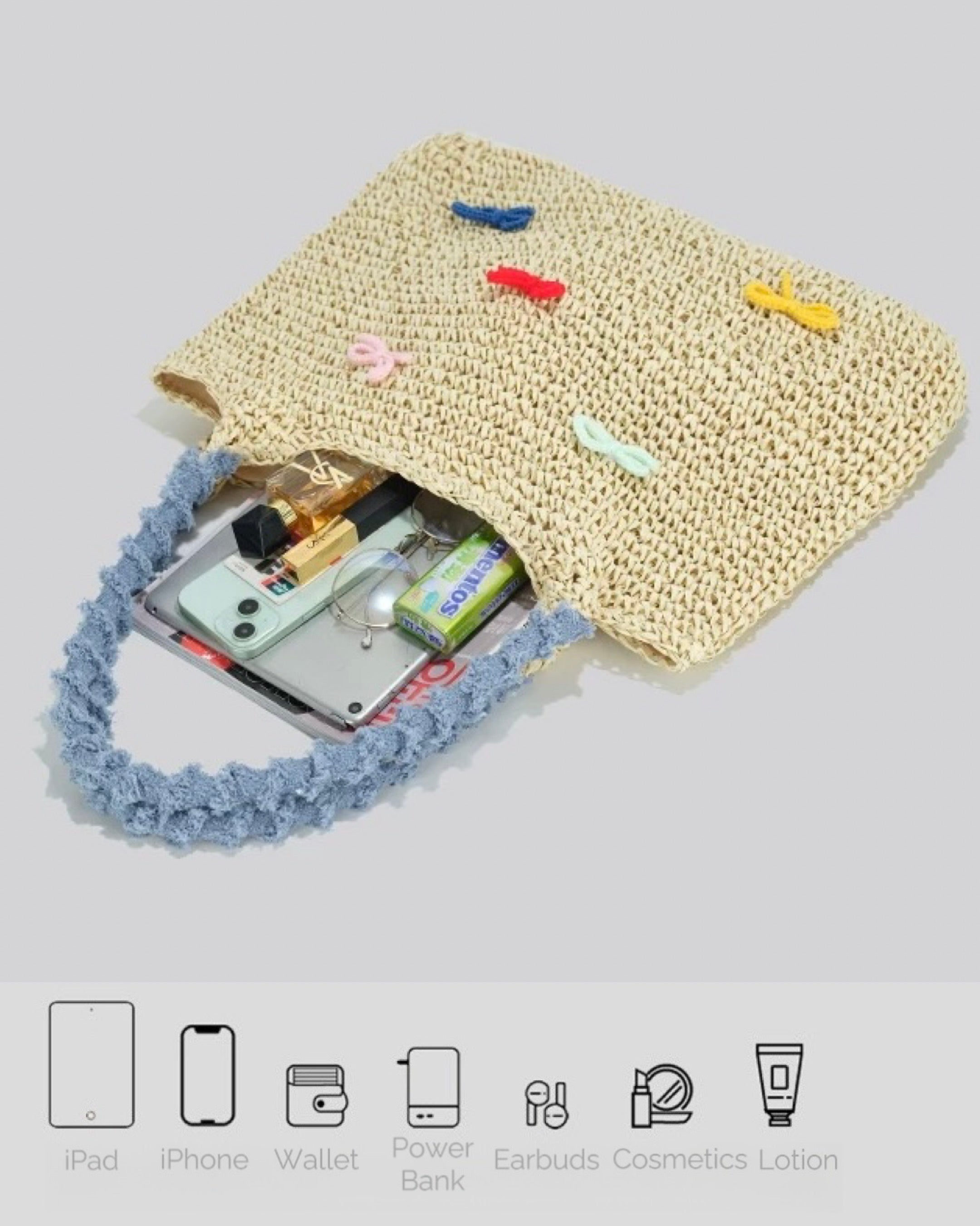 Pastel Bow Woven Straw Tote – Summer Shoulder Bag with Blue Textured Handle | Cute Beach Bag with Colorful Embroidery
