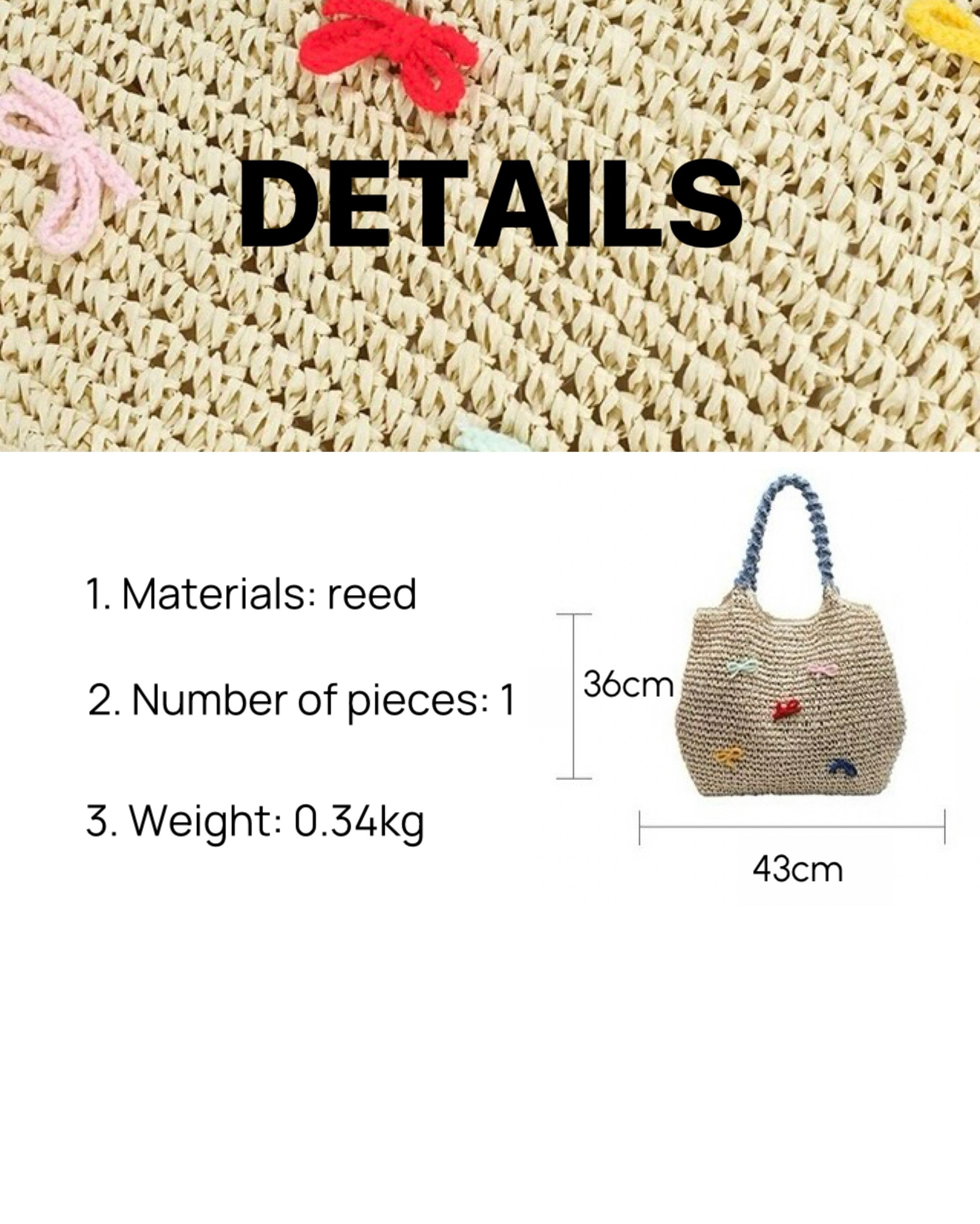 Pastel Bow Woven Straw Tote – Summer Shoulder Bag with Blue Textured Handle | Cute Beach Bag with Colorful Embroidery