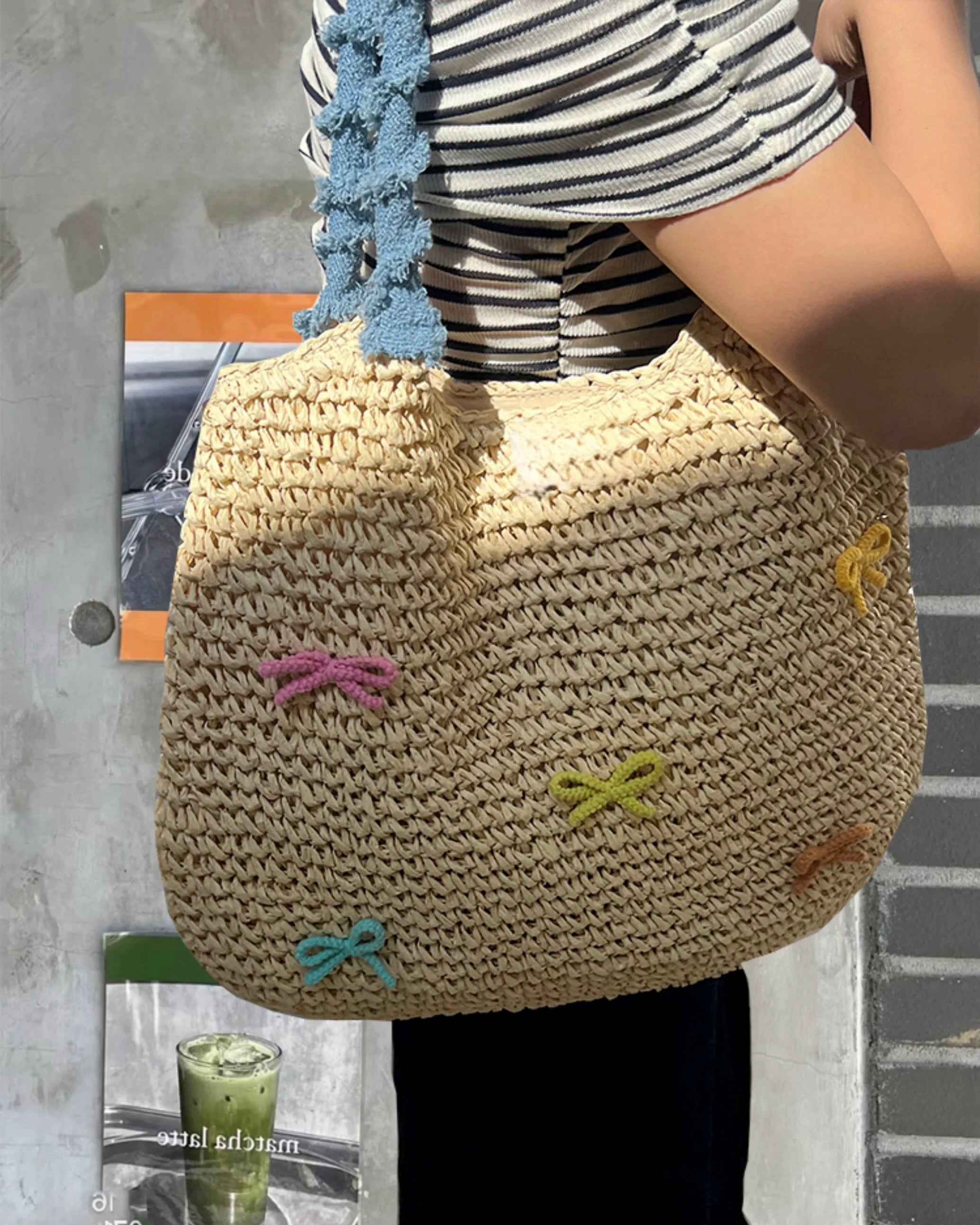 Pastel Bow Woven Straw Tote – Summer Shoulder Bag with Blue Textured Handle | Cute Beach Bag with Colorful Embroidery