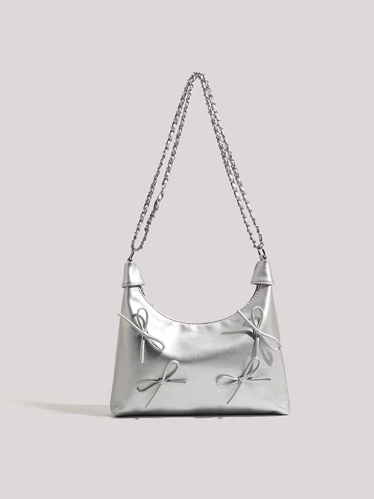 Bow Detail Chain Shoulder Bag – Faux Leather Purse in Black & Silver | Chic Baguette Bag with Ribbon Accents