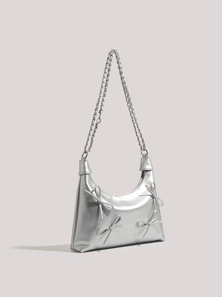 Bow Detail Chain Shoulder Bag – Faux Leather Purse in Black & Silver | Chic Baguette Bag with Ribbon Accents