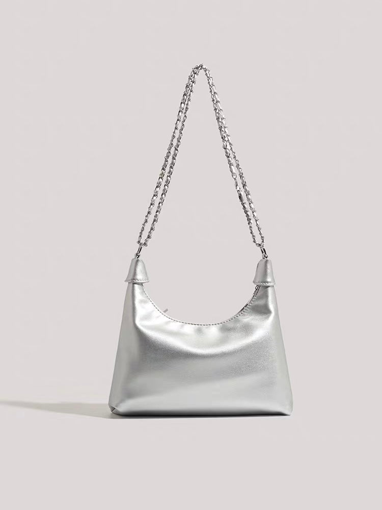Bow Detail Chain Shoulder Bag – Faux Leather Purse in Black & Silver | Chic Baguette Bag with Ribbon Accents