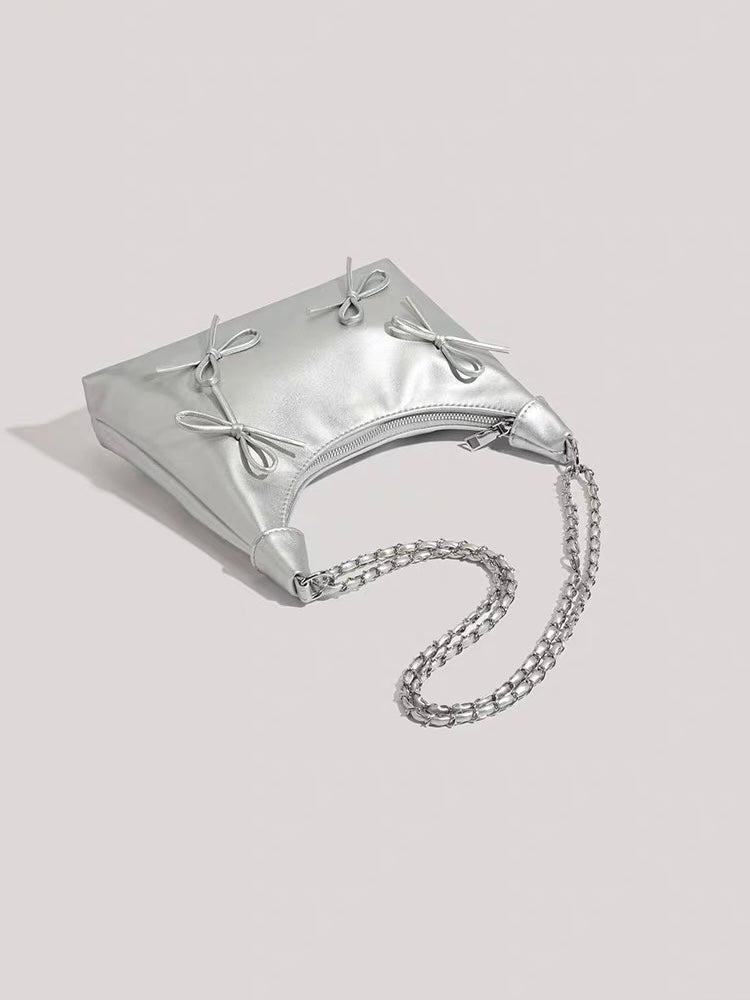 Bow Detail Chain Shoulder Bag – Faux Leather Purse in Black & Silver | Chic Baguette Bag with Ribbon Accents
