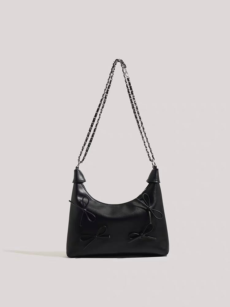 Bow Detail Chain Shoulder Bag – Faux Leather Purse in Black & Silver | Chic Baguette Bag with Ribbon Accents