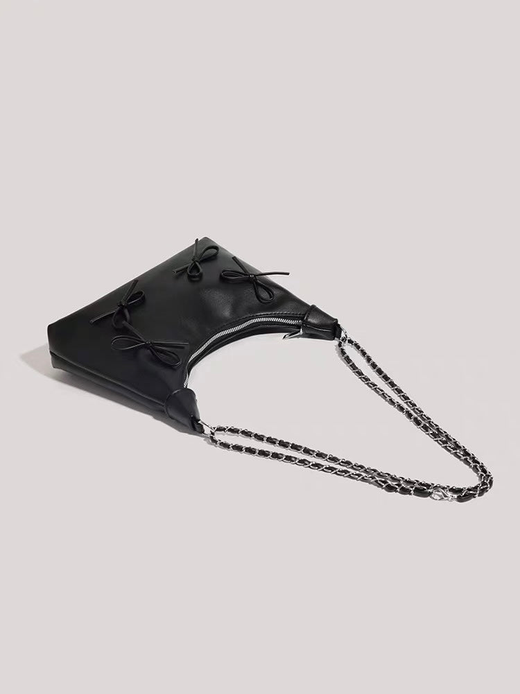 Bow Detail Chain Shoulder Bag – Faux Leather Purse in Black & Silver | Chic Baguette Bag with Ribbon Accents