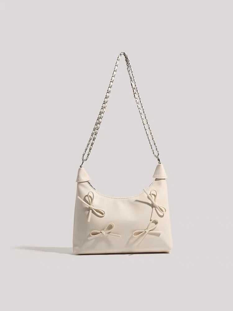 Bow Detail Chain Shoulder Bag – Faux Leather Purse in Black & Silver | Chic Baguette Bag with Ribbon Accents