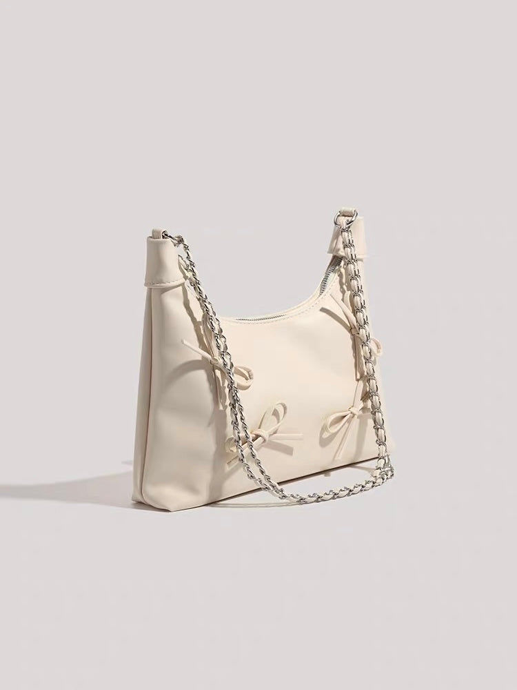 Bow Detail Chain Shoulder Bag – Faux Leather Purse in Black & Silver | Chic Baguette Bag with Ribbon Accents
