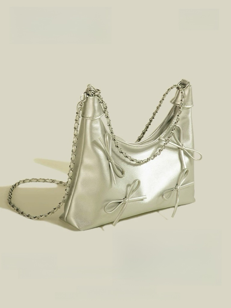 Bow Detail Chain Shoulder Bag – Faux Leather Purse in Black & Silver | Chic Baguette Bag with Ribbon Accents