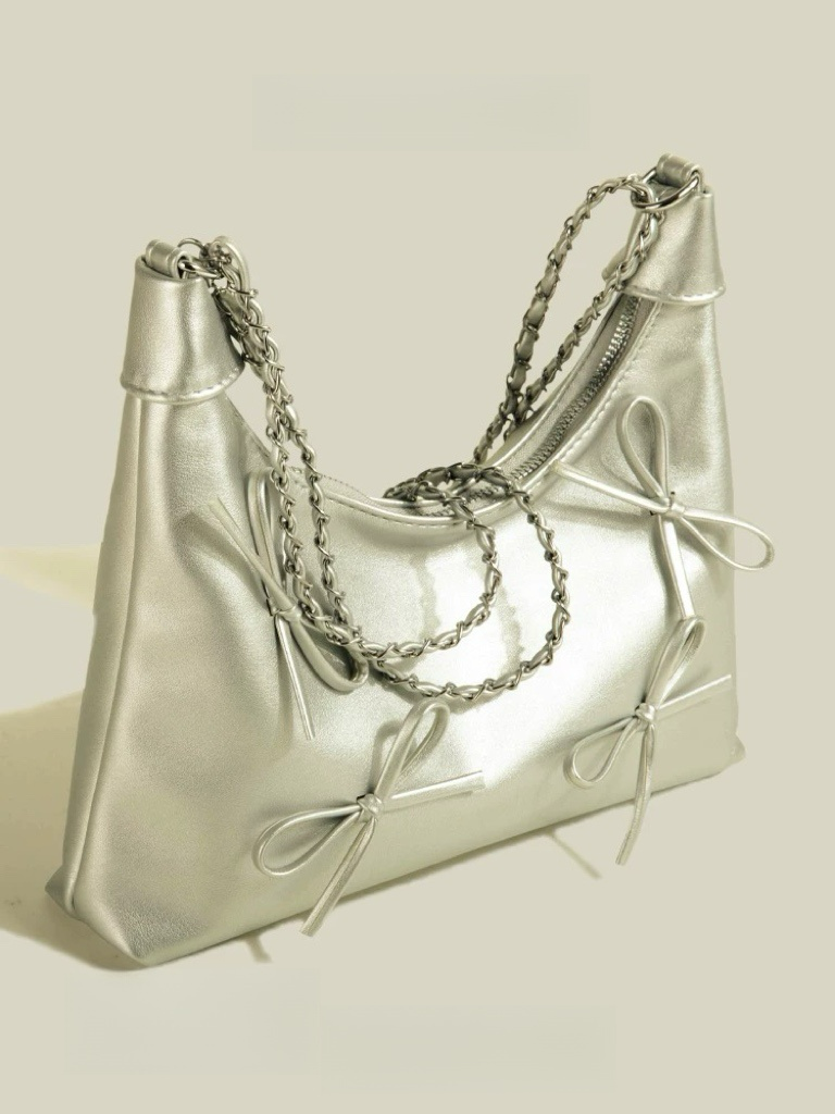 Bow Detail Chain Shoulder Bag – Faux Leather Purse in Black & Silver | Chic Baguette Bag with Ribbon Accents