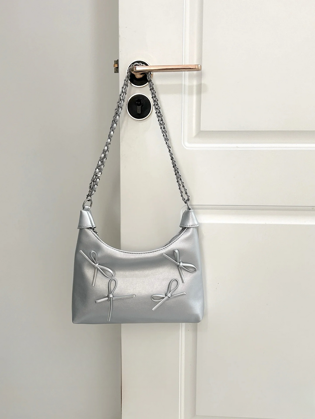 Bow Detail Chain Shoulder Bag – Faux Leather Purse in Black & Silver | Chic Baguette Bag with Ribbon Accents