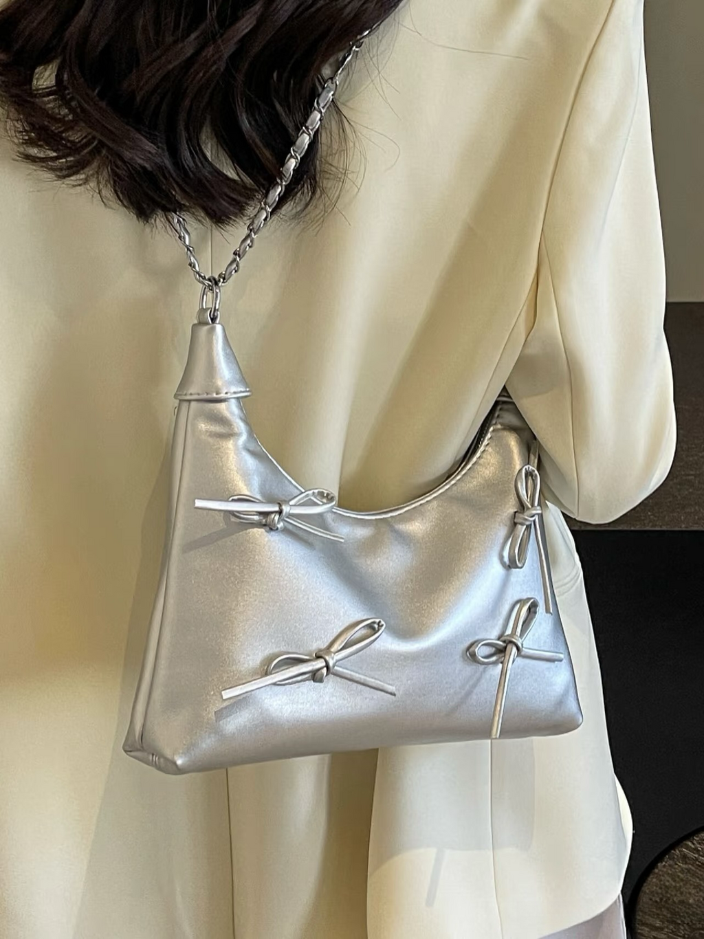 Bow Detail Chain Shoulder Bag – Faux Leather Purse in Black & Silver | Chic Baguette Bag with Ribbon Accents