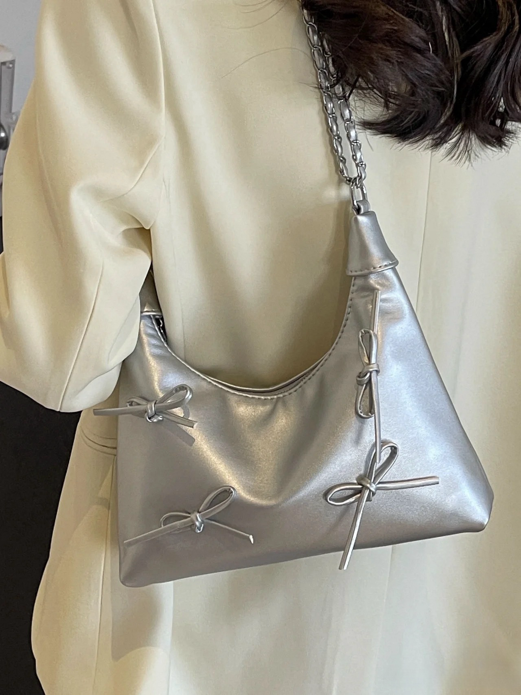 Bow Detail Chain Shoulder Bag – Faux Leather Purse in Black & Silver | Chic Baguette Bag with Ribbon Accents
