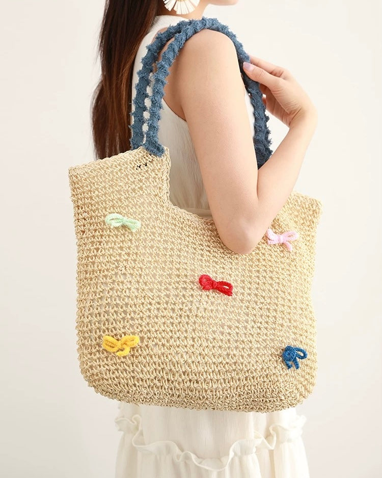 Pastel Bow Woven Straw Tote – Summer Shoulder Bag with Blue Textured Handle | Cute Beach Bag with Colorful Embroidery