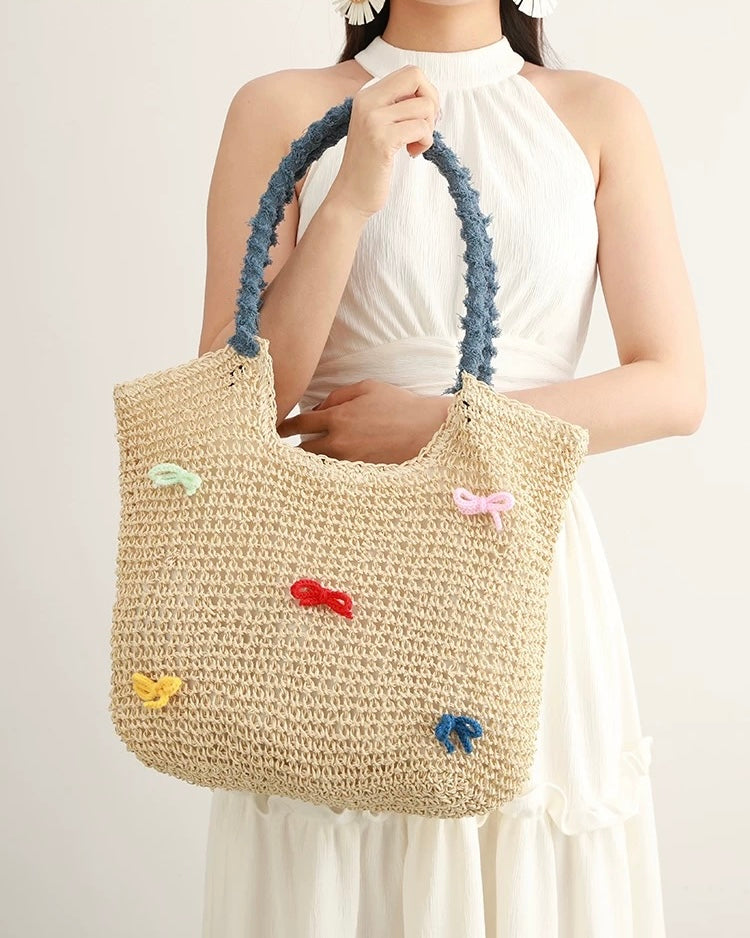 Pastel Bow Woven Straw Tote – Summer Shoulder Bag with Blue Textured Handle | Cute Beach Bag with Colorful Embroidery