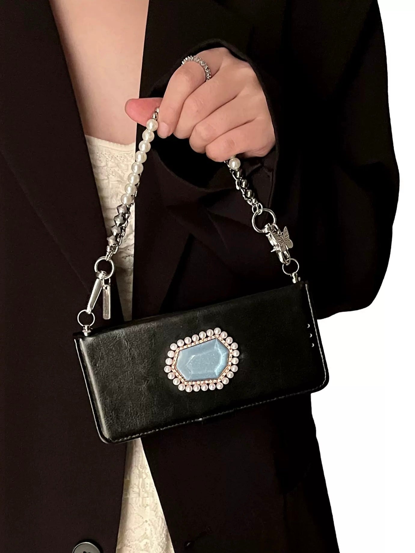 Gemstone Phone Wallet Clutch – Pearl Chain Crossbody Phone Case with Card Holder | Black Faux Leather