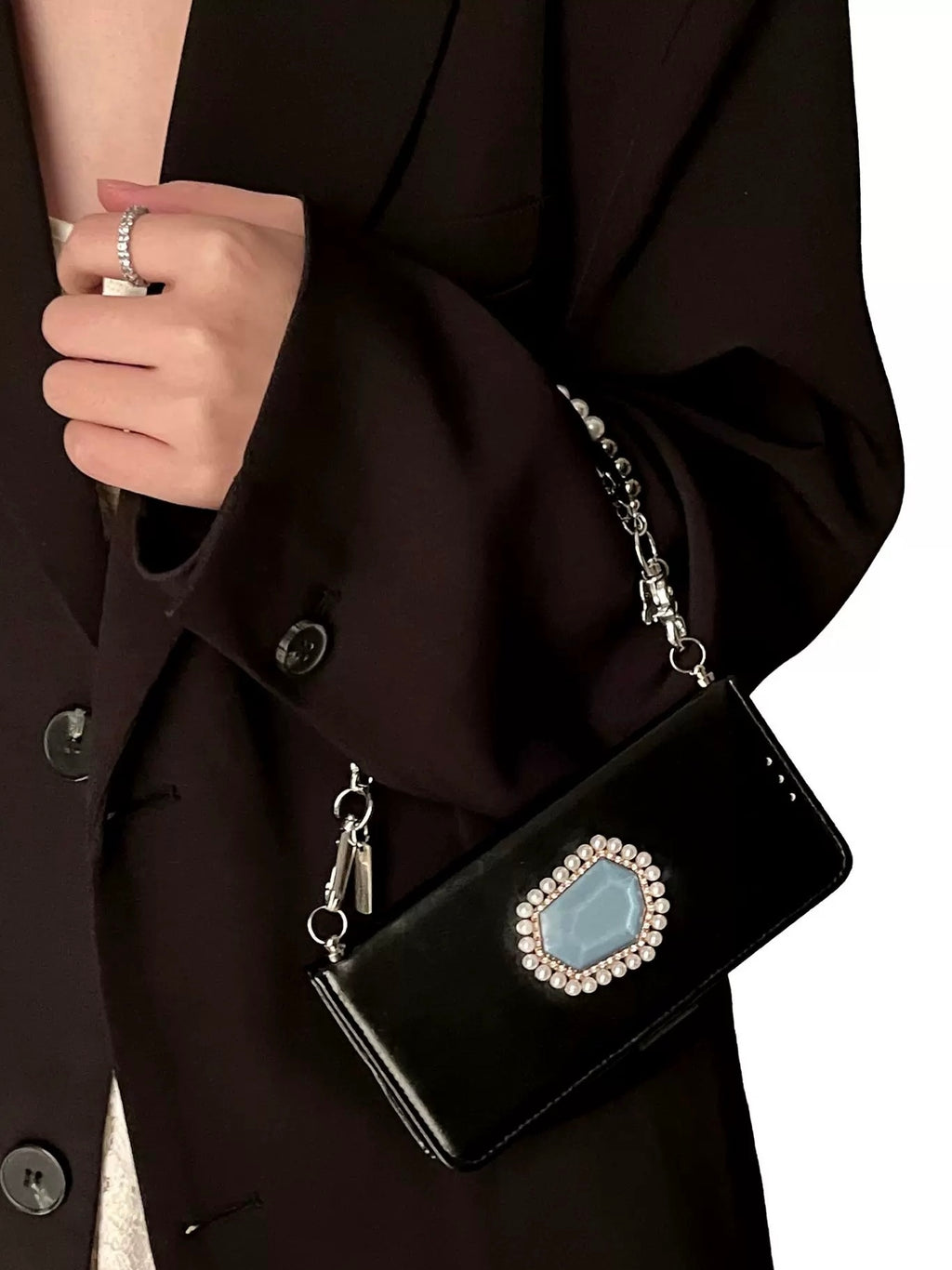 Gemstone Phone Wallet Clutch – Pearl Chain Crossbody Phone Case with Card Holder | Black Faux Leather