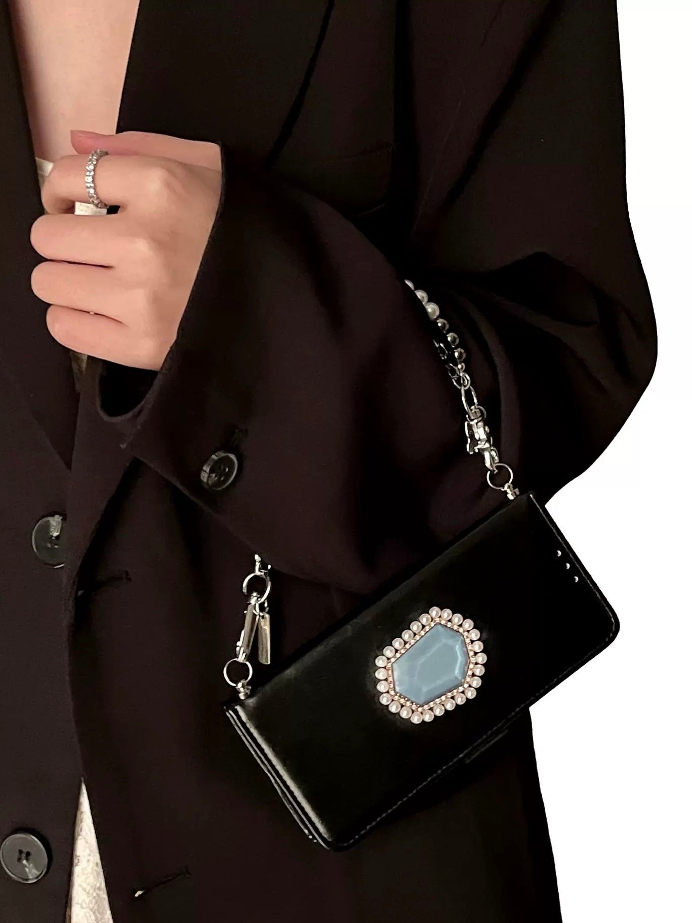 Gemstone Phone Wallet Clutch – Pearl Chain Crossbody Phone Case with Card Holder | Black Faux Leather